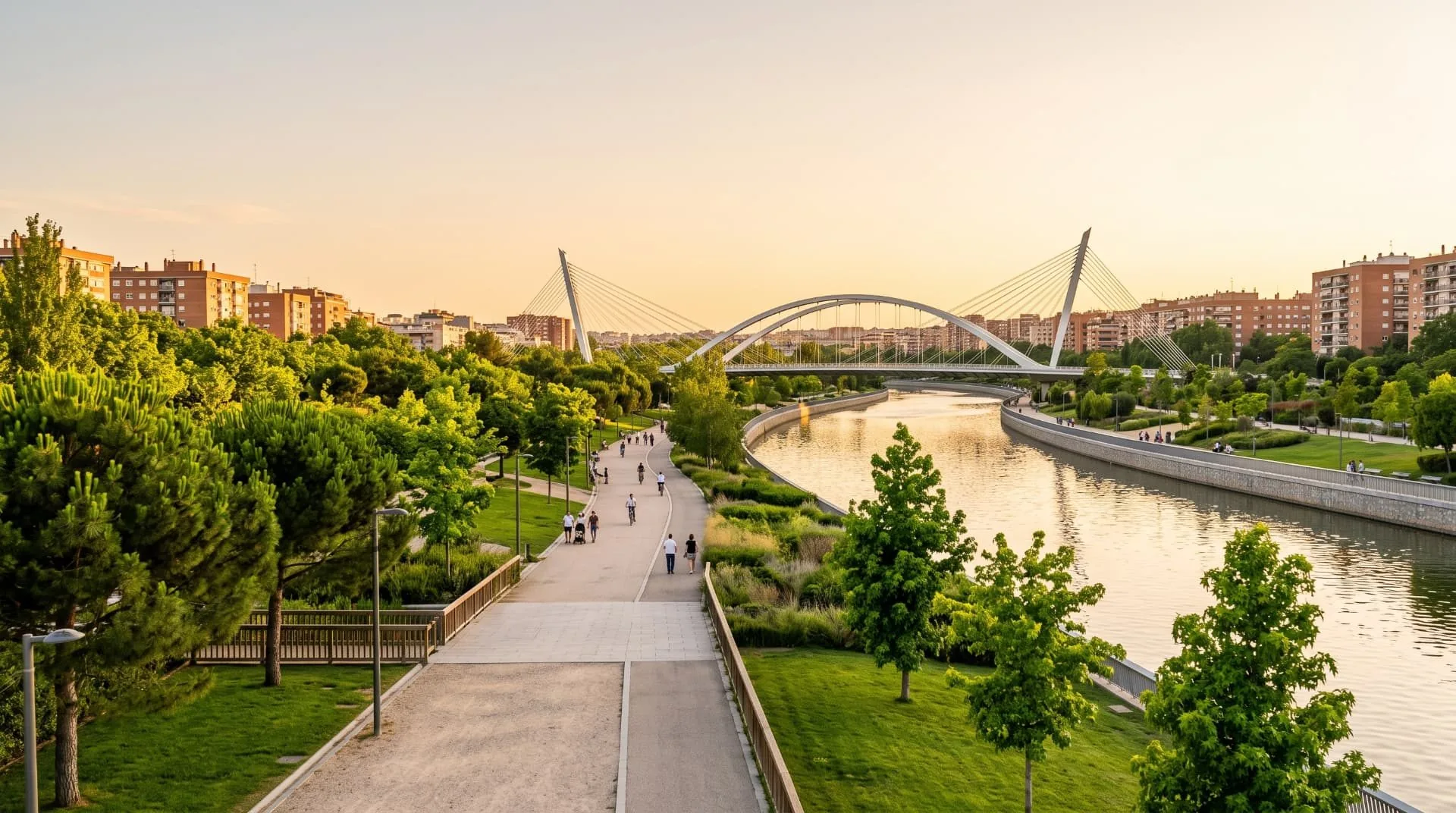 Parque Madrid Río et le pont d'Arganzuela au coucher du soleil, distrito de Arganzuela, Madrid