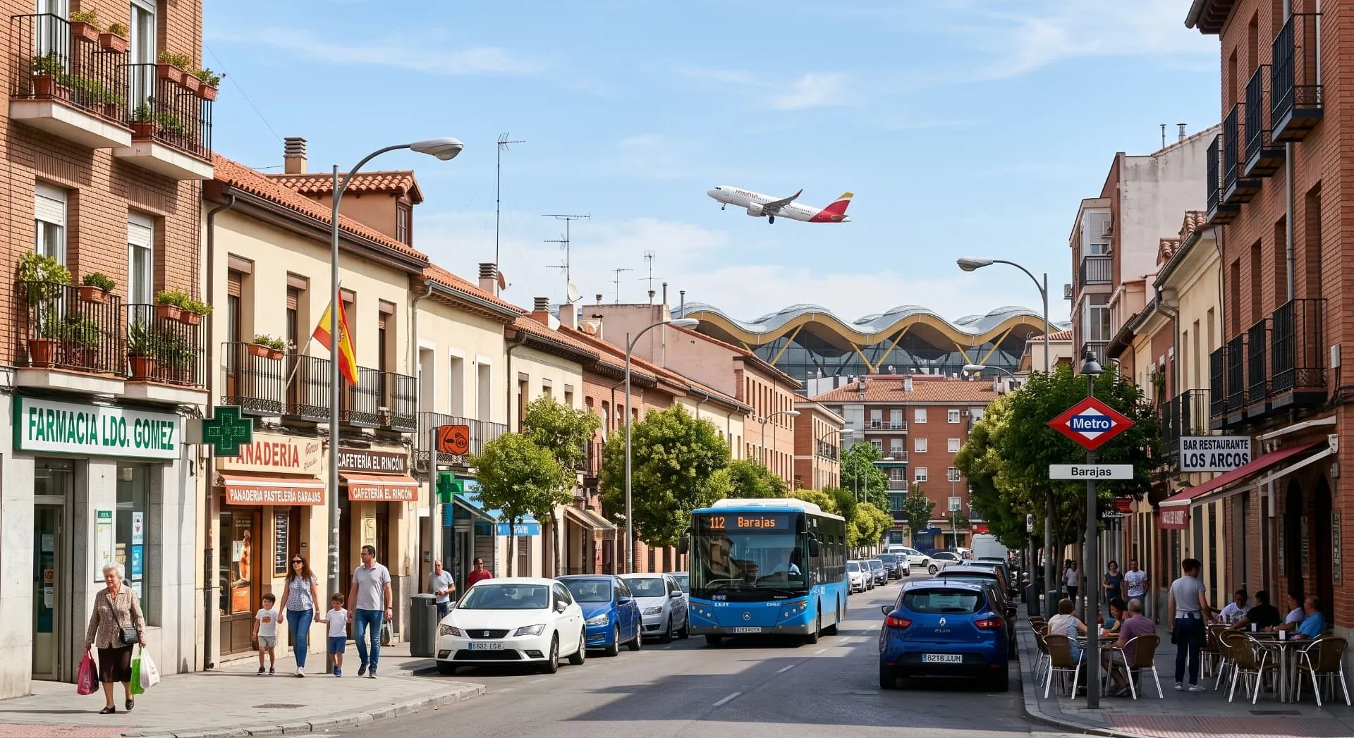 Calle del distrito de Barajas con un avión sobrevolando y la terminal del aeropuerto al fondo, Madrid