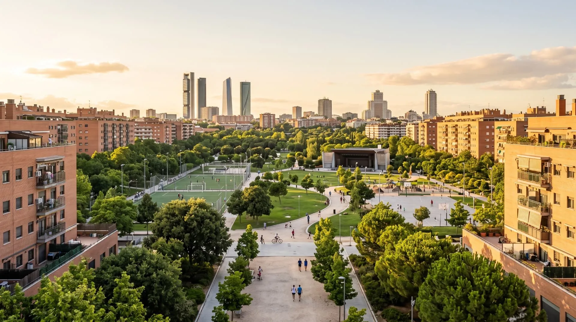 Parco di Carabanchel con campi sportivi e lo skyline di Madrid sullo sfondo