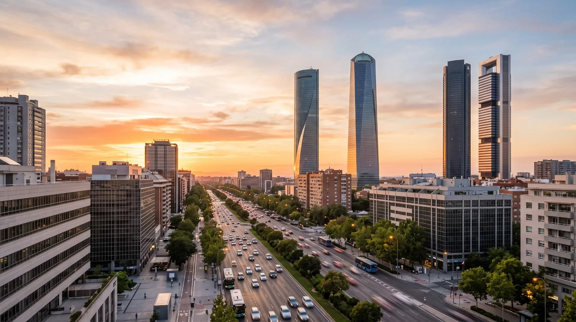 Paseo de la Castellana y las Cuatro Torres al atardecer, distrito de Chamartín, Madrid