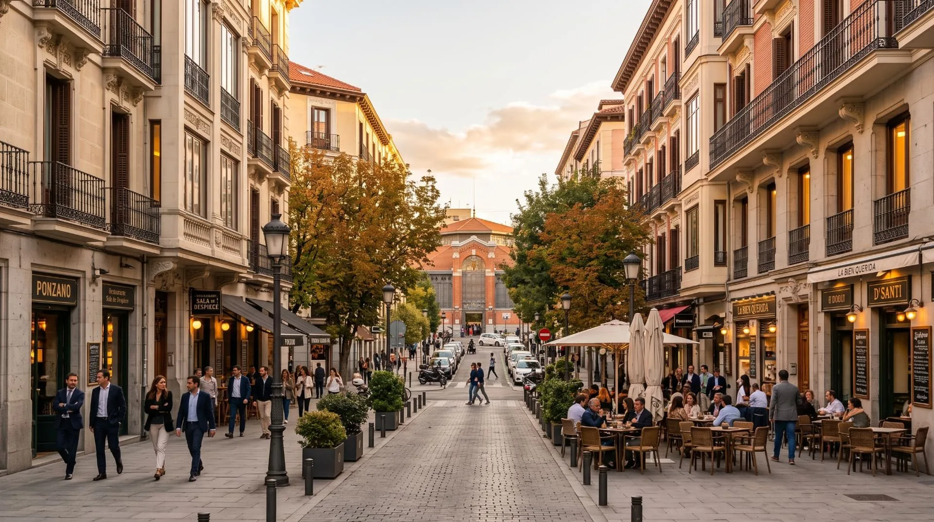 Calle Ponzano con terrazas y el Mercado de Chamberí al fondo, distrito de Chamberí, Madrid