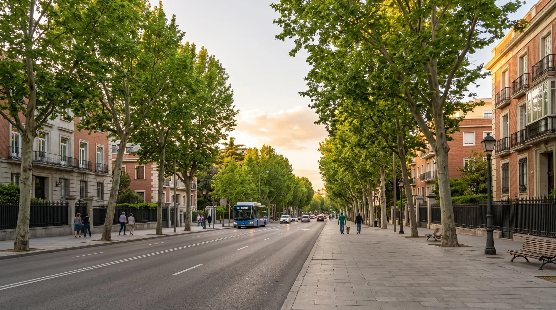 Calle Alcalá alberata con autobus urbano ed edifici nel distretto di Ciudad Lineal, Madrid