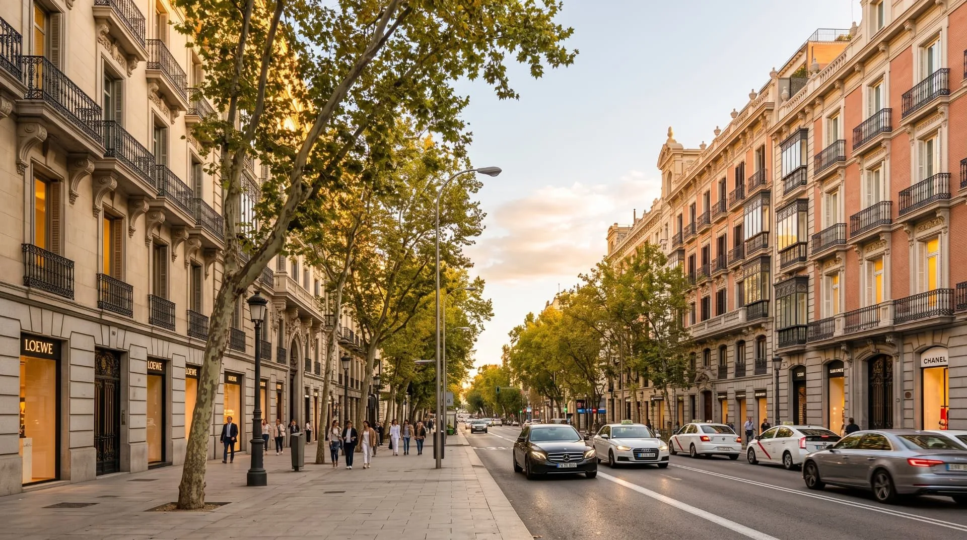 Calle Serrano con negozi di lusso ed edifici signorili, distretto di Salamanca, Madrid