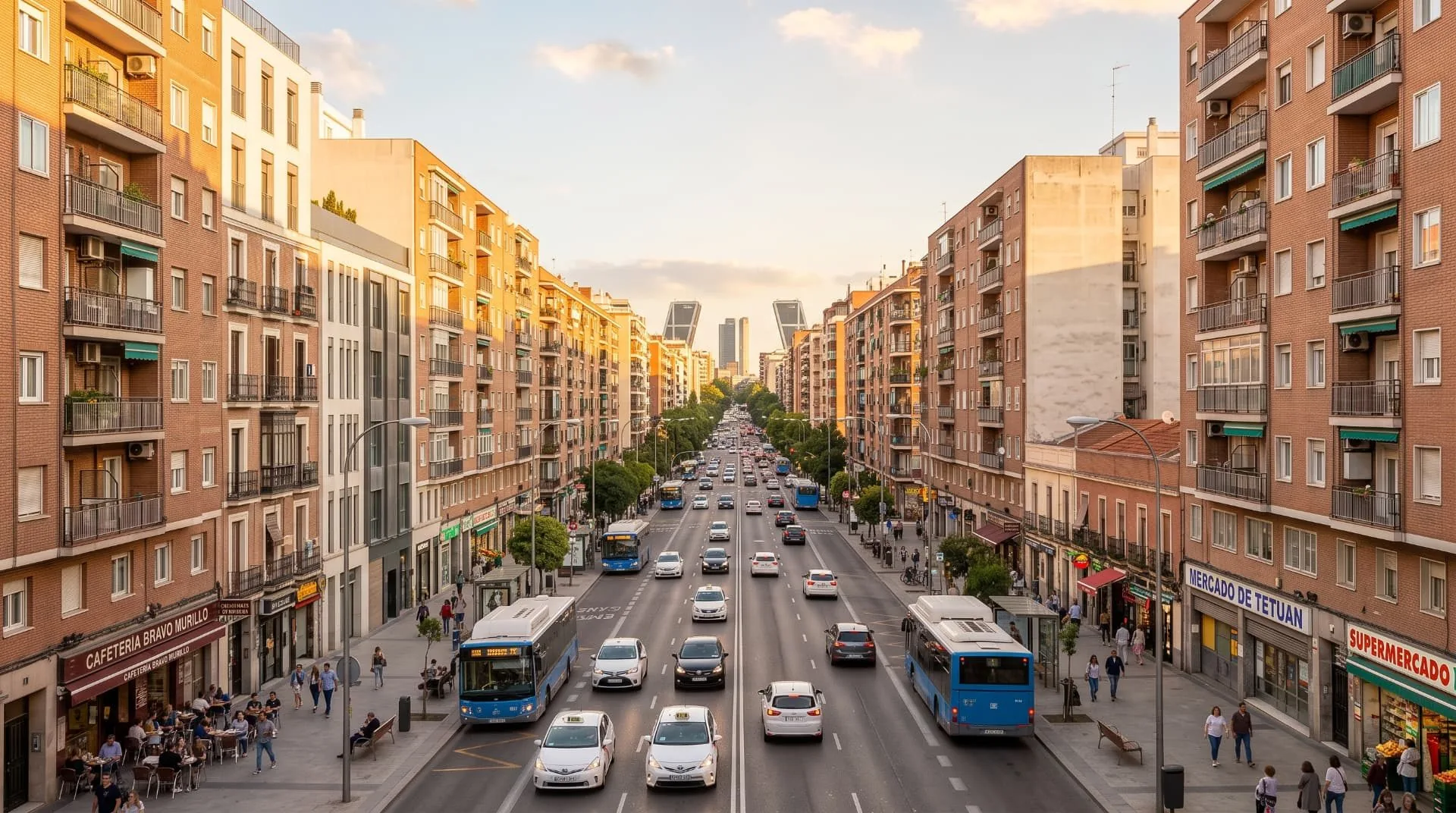 Calle Bravo Murillo con il Mercado de Tetuán e le Torres KIO sullo sfondo, distretto di Tetuán, Madrid