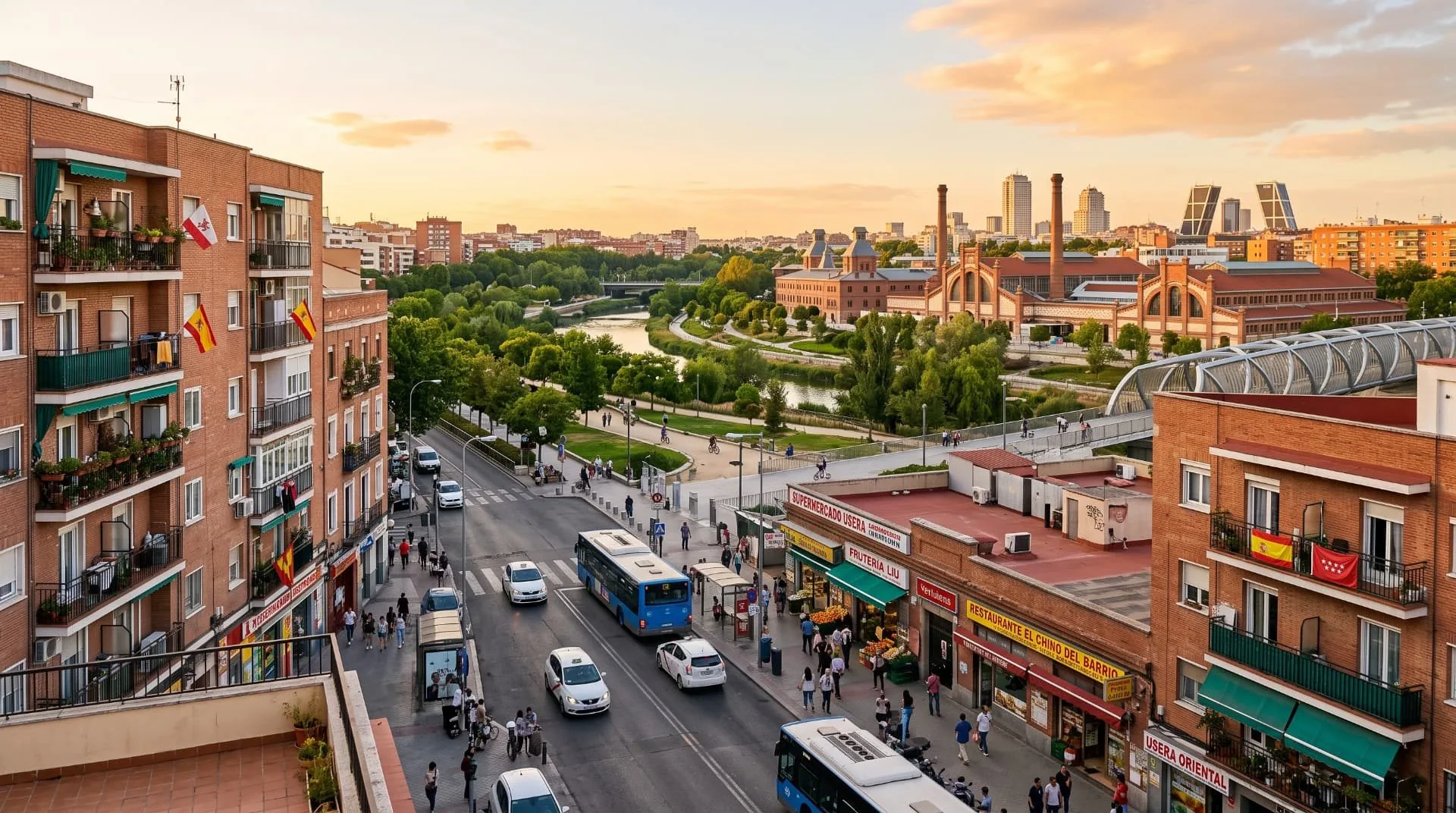 Blick auf Usera mit dem Fluss Manzanares, dem Matadero und der Skyline von Madrid im Hintergrund