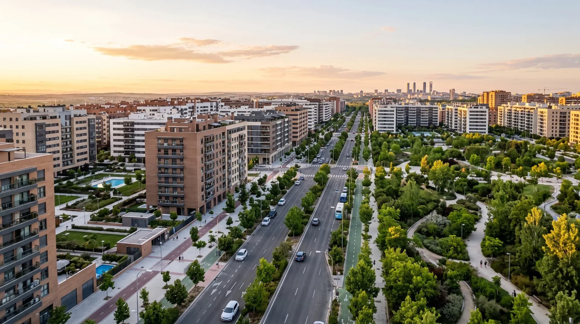 Viale dell'Ensanche de Vallecas con parco e skyline di Madrid sullo sfondo