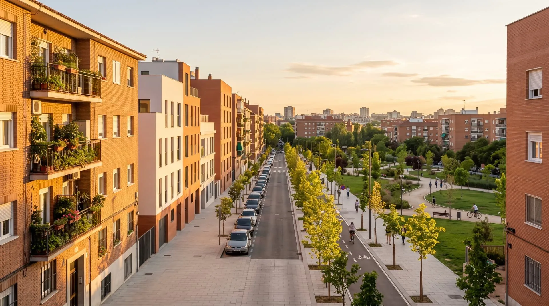 Strada residenziale alberata accanto a un parco nel distretto di Villaverde, Madrid