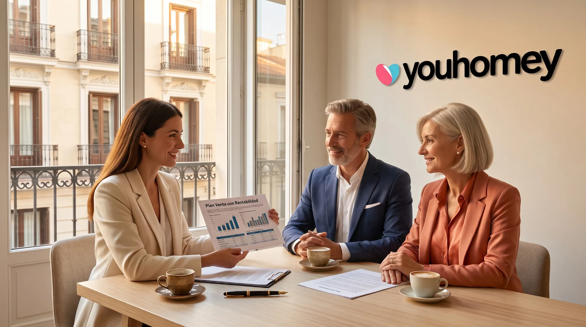 Youhomey advisor showing the Sell with Returns Plan to a couple of landlords in Madrid