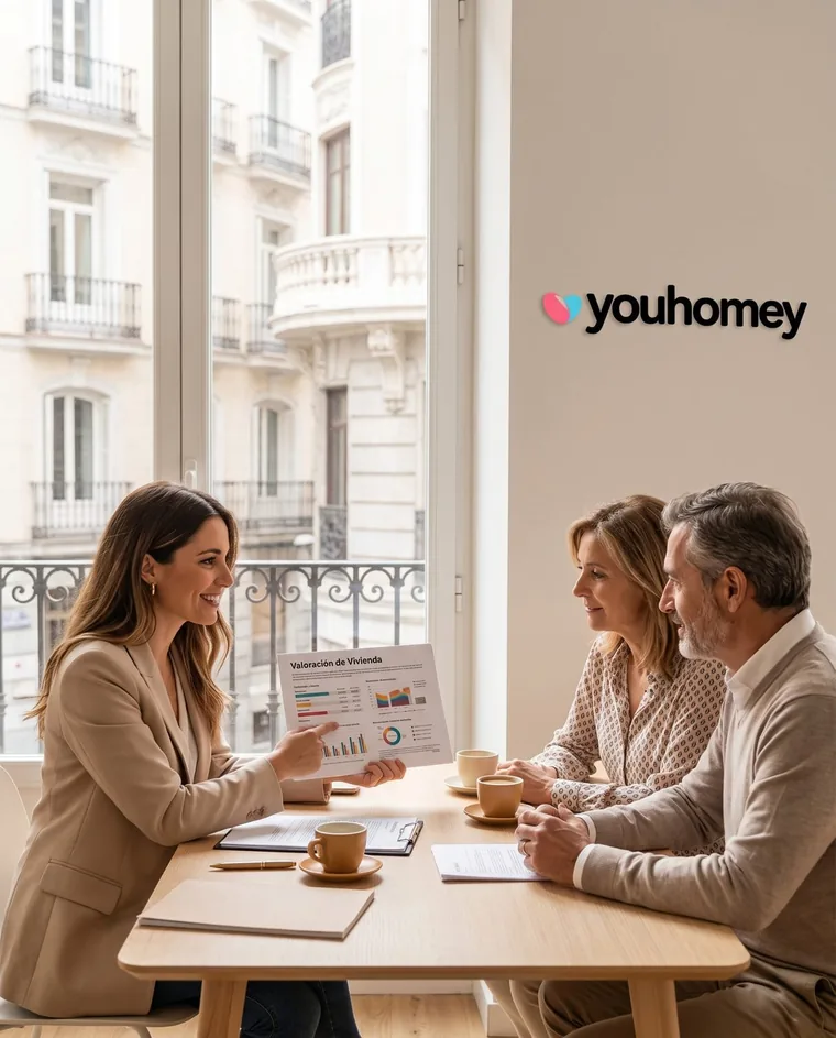 Youhomey advisor showing a property valuation to a couple of landlords in Madrid