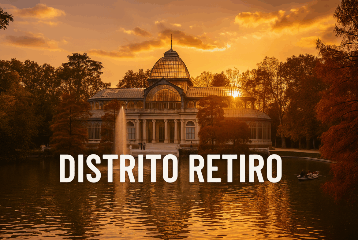 Puesta de sol sobre el Distrito El Retiro, Madrid, con la ciudad de fondo y potencial de renta y alquiler en Madrid. youhomey.