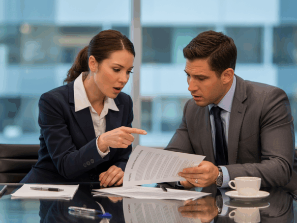 A photograph depicts two business professionals intensely reviewing a lease agreement in a modern office setting. The woman, dressed in a tailored navy suit, gestures emphatically with her hand while pointing at a specific clause on the document, while the man in a gray suit looks on with a concerned expression. Scattered around them on the sleek glass table are pens, legal pads, and a half-empty coffee cup. Soft, diffused light streams through the large windows, casting subtle shadows and highlighting the seriousness of the negotiation.
