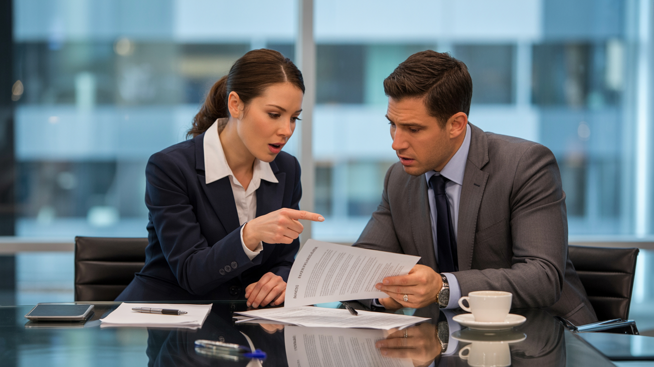 A photograph depicts two business professionals intensely reviewing a lease agreement in a modern office setting. The woman, dressed in a tailored navy suit, gestures emphatically with her hand while pointing at a specific clause on the document, while the man in a gray suit looks on with a concerned expression. Scattered around them on the sleek glass table are pens, legal pads, and a half-empty coffee cup. Soft, diffused light streams through the large windows, casting subtle shadows and highlighting the seriousness of the negotiation.