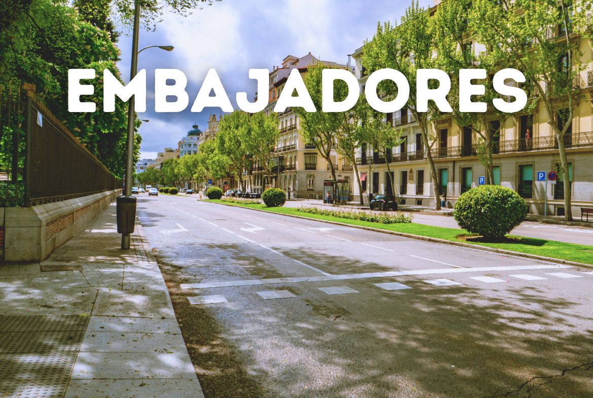 Amplia calle arbolada representativa del barrio de Embajadores en Madrid, con el texto 'Embajadores' superpuesto. Ideal como portada para un artículo sobre inversión inmobiliaria en la zona.