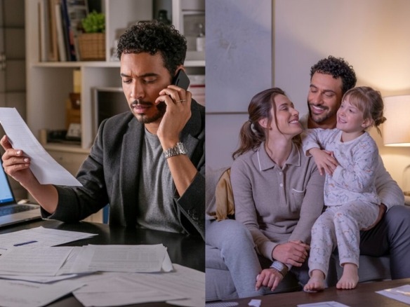 Comparación visual: Propietario estresado gestionando alquileres versus familia feliz disfrutando de tiempo de calidad, mostrando el antes y después de usar Youhomey.