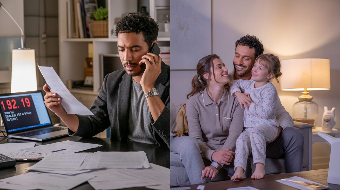 Comparación visual: Propietario estresado gestionando alquileres versus familia feliz disfrutando de tiempo de calidad, mostrando el antes y después de usar Youhomey.