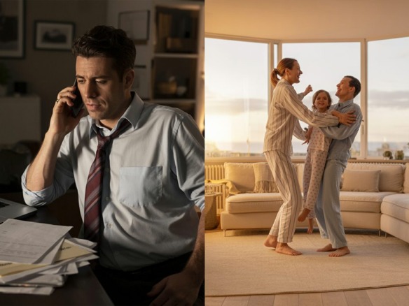 Imagen partida que compara a un propietario estresado por la gestión comunicación inquilinos (izquierda) con una familia relajada disfrutando su tiempo gracias a Youhomey (derecha).