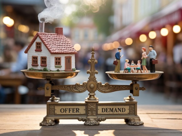 Una balanza antigua que equilibra la "Oferta" (una casa) y la "Demanda" (inquilinos), simbolizando el mercado inmobiliario que gestiona el proceso renta garantizada.