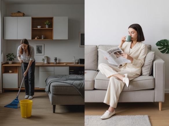 Una imagen dividida que muestra a una mujer limpiando un suelo con una fregona a la izquierda, y a la derecha, la misma mujer relajada en un sofá, bebiendo café y leyendo un periódico en un ambiente limpio y moderno.