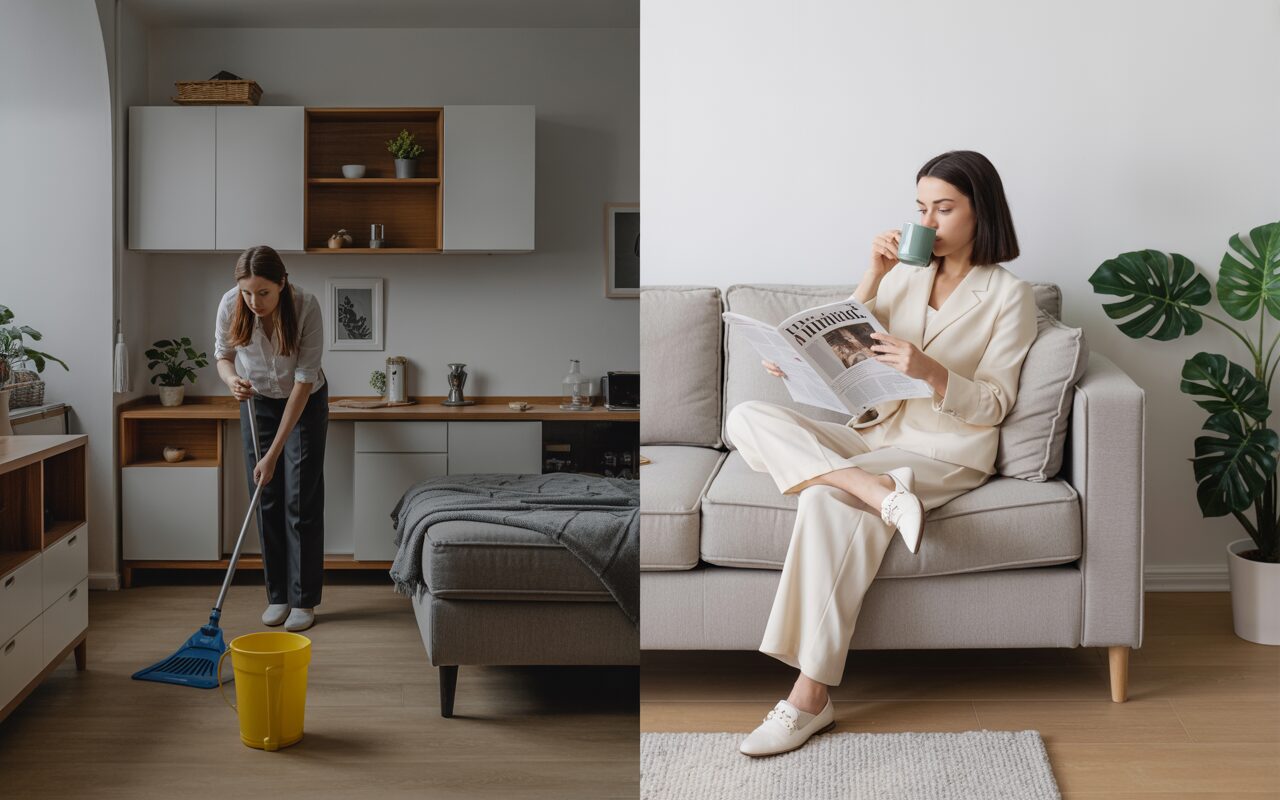 Una imagen dividida que muestra a una mujer limpiando un suelo con una fregona a la izquierda, y a la derecha, la misma mujer relajada en un sofá, bebiendo café y leyendo un periódico en un ambiente limpio y moderno.