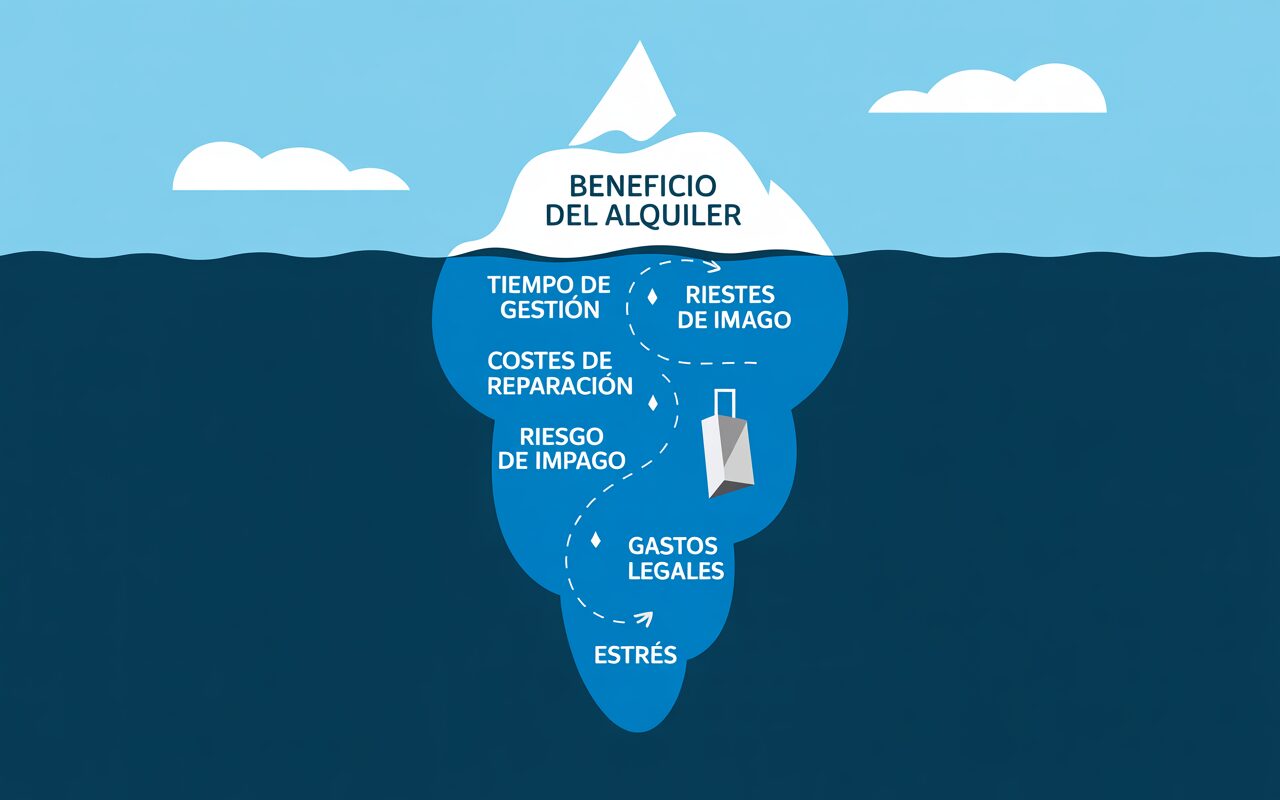 Un gráfico de iceberg que muestra los costes ocultos de la autogestión de un alquiler. La punta visible es el 'Beneficio del Alquiler' y la parte sumergida muestra riesgos como 'impago', 'costes', 'tiempo' y 'estrés', destacando la falta de transparencia en la rentabilidad real.