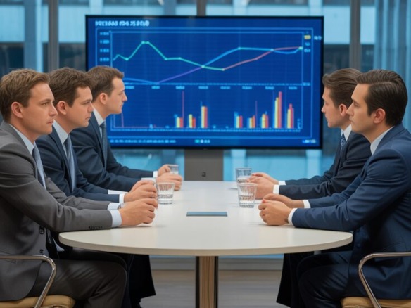 Grupo de profesionales de finanzas discutiendo gráficos de rentabilidad hipoteca alquiler en una pantalla grande, reflejando el análisis de datos de inversión inmobiliaria.