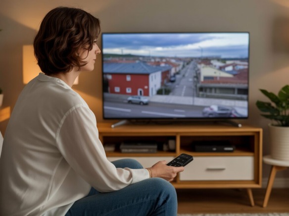 Mujer sentada en el sofá de un salón moderno y bien amueblado, sosteniendo un mando a distancia mientras ve la televisión.