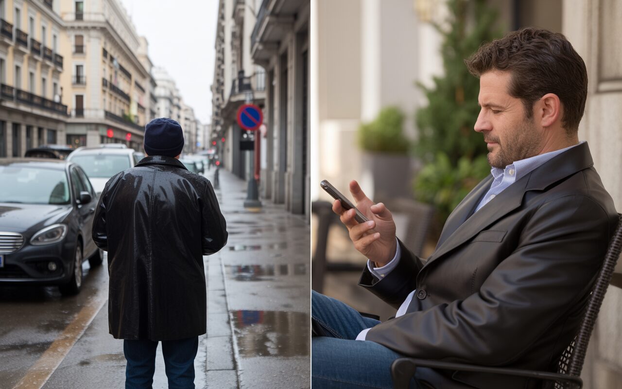 Una imagen dividida que muestra a una mujer limpiando un suelo con una fregona a la izquierda, y a la derecha, la misma mujer relajada en un sofá, bebiendo café y leyendo un periódico en un ambiente limpio y moderno.
