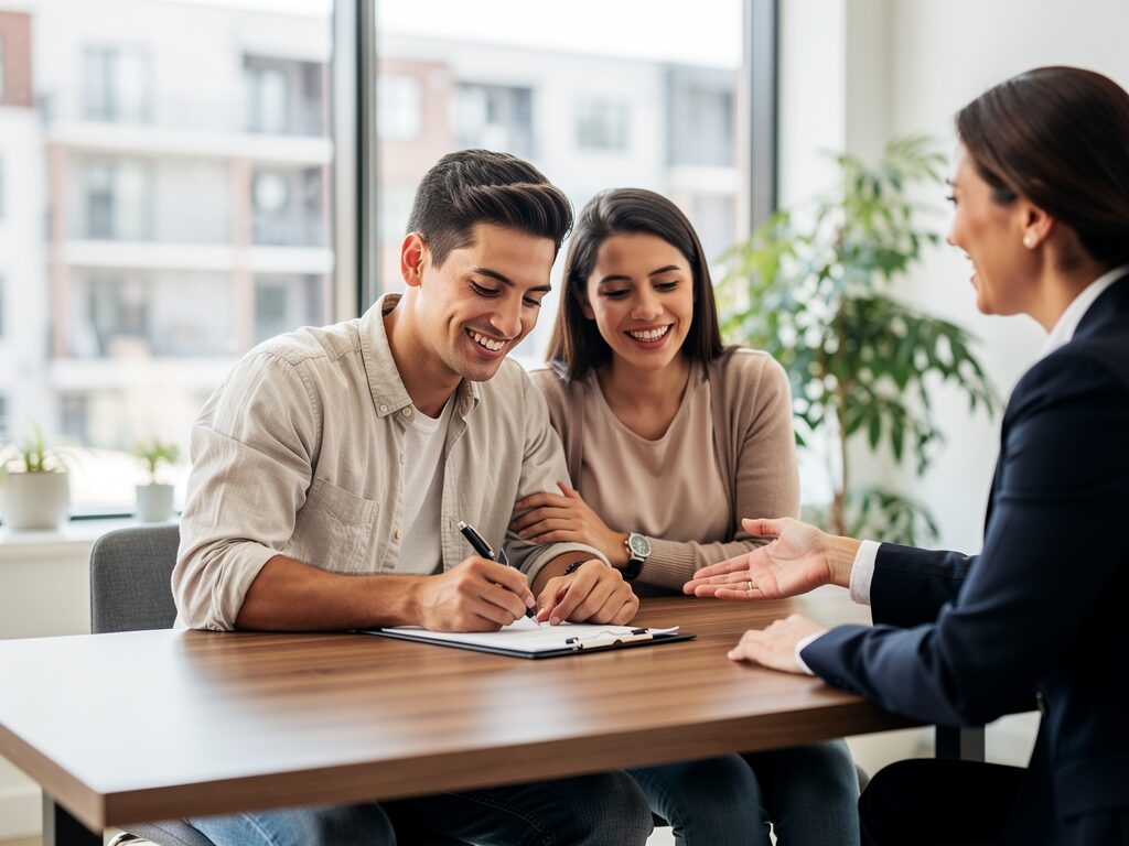 happy couple signing lease