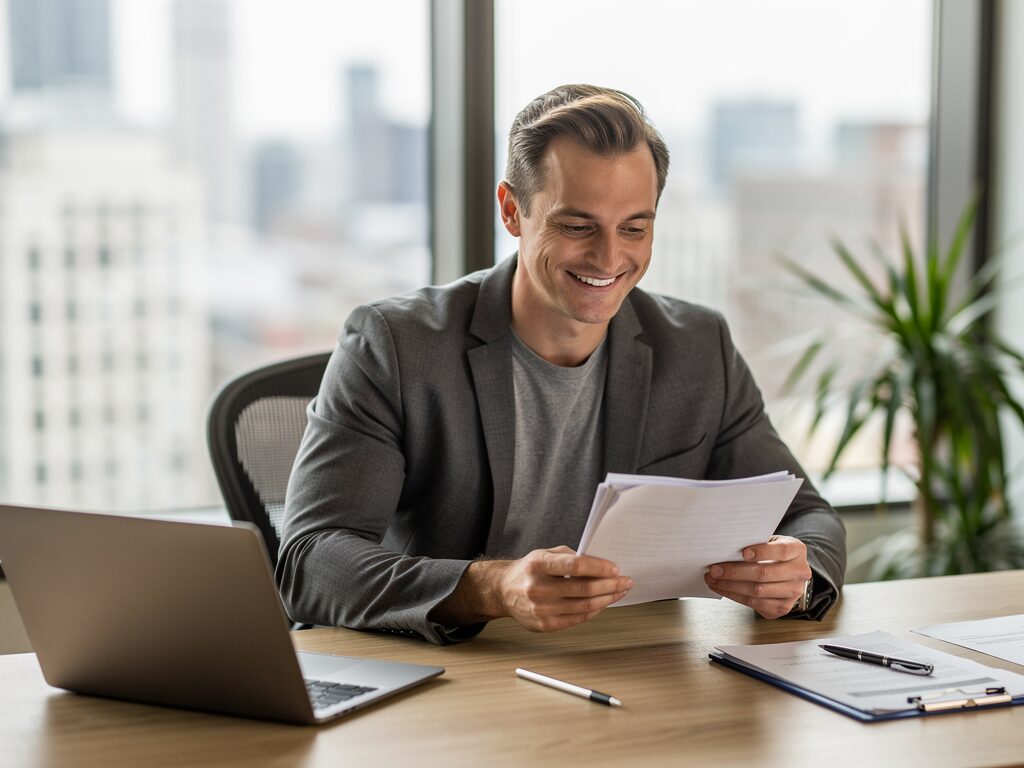 happy landlord reviewing documents
