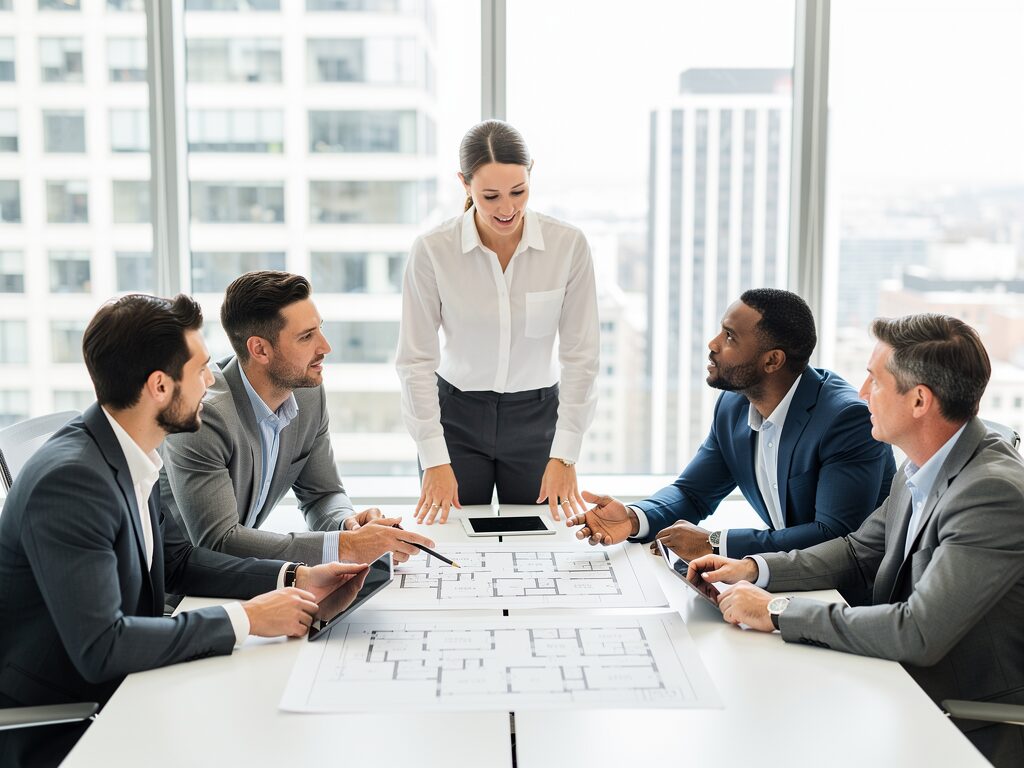 professional property management team discussing strategies