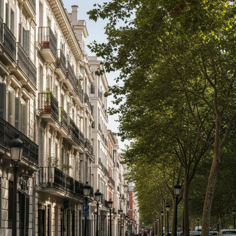 Calle típica del Distrito Retiro, Madrid, con mucha vegetación, personas caminando y potencial de renta y alquiler. youhomey.