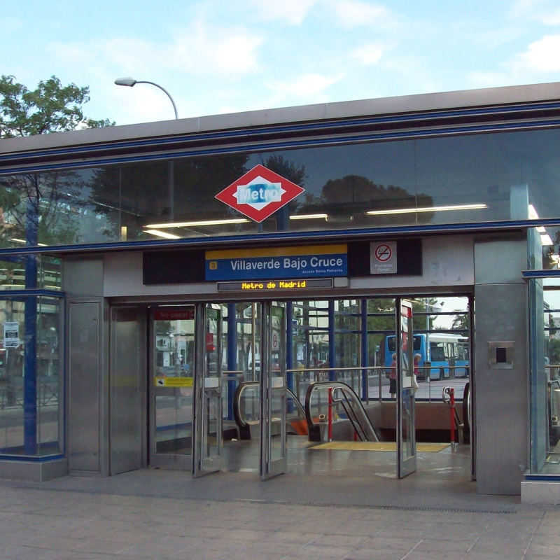 Entrance of 'Villaverde Bajo - Cruce' metro station in Villaverde district in Madrid (Spain).